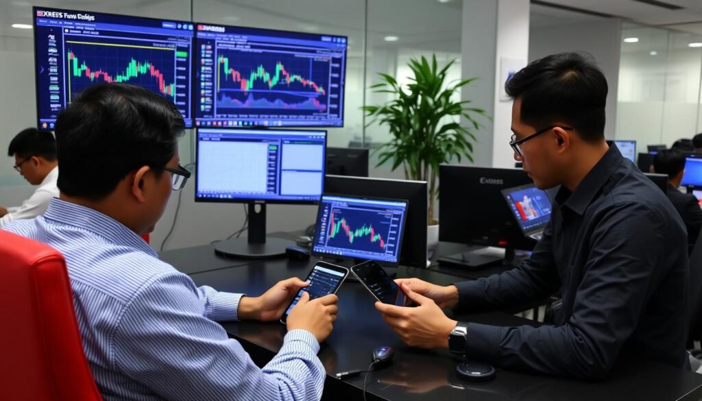 Trader Indonesia menggunakan platform Exness di perangkat mobile dan desktop