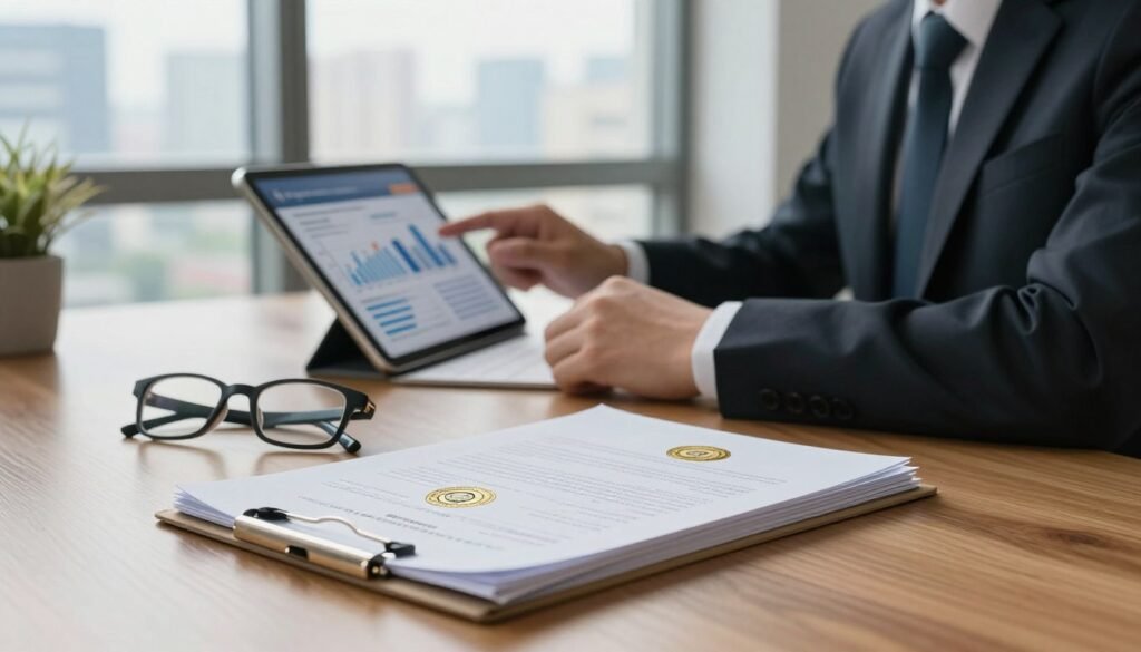 A serene office environment representing the concept of regulation and licensing in the finance sector. In the foreground, a polished wooden desk holds a stack of financial documents with official seals symbolizing compliance, and a pair of glasses resting on top. The middle ground features a professional individual in business attire, reviewing a digital tablet that displays regulatory graphs and safety metrics. In the background, a large window offers a view of a bustling cityscape, highlighting a sense of transparency and trust. Soft, warm lighting enhances the atmosphere of professionalism and security, with a focus on clarity and the importance of regulation in the financial industry.