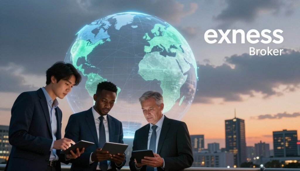 A visually striking image depicting the global presence of Exness Broker. In the foreground, a diverse group of three professionals in business attire (one Asian, one Black, one Caucasian) are engaged in a discussion over digital devices, showcasing collaboration. In the middle ground, a large, translucent globe highlights key financial markets like Europe, Asia, and Africa, illuminated by soft blue and green light to symbolize growth and connectivity. The background features a modern city skyline at dusk, with subtle overcast clouds to create depth, and a warm orange glow from the setting sun. The overall mood is professional and optimistic, emphasizing Exness's global reach and influence in the financial industry. The image should be captured with a slight tilt-up angle to create a sense of upward momentum. A visually striking image depicting the global presence of Exness Broker. In the foreground, a diverse group of three professionals in business attire (one Asian, one Black, one Caucasian) are engaged in a discussion over digital devices, showcasing collaboration. In the middle ground, a large, translucent globe highlights key financial markets like Europe, Asia, and Africa, illuminated by soft blue and green light to symbolize growth and connectivity. The background features a modern city skyline at dusk, with subtle overcast clouds to create depth, and a warm orange glow from the setting sun. The overall mood is professional and optimistic, emphasizing Exness's global reach and influence in the financial industry. The image should be captured with a slight tilt-up angle to create a sense of upward momentum.